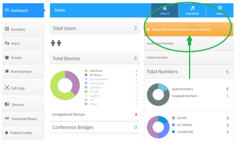 A page displaying the phone system setup app for nurango guiding the user to setup their main company phone number.